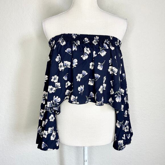 LF Love Floral Bardot Flutter Top Navy Print Size Small New - Picture 4 of 9